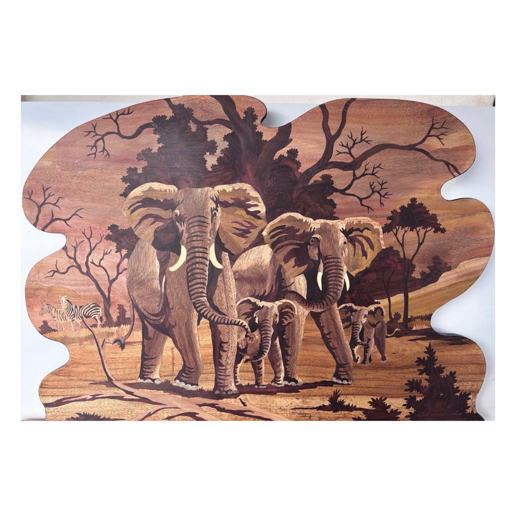 Mysore Rosewood Inlay – Elephant Family in the Wilderness