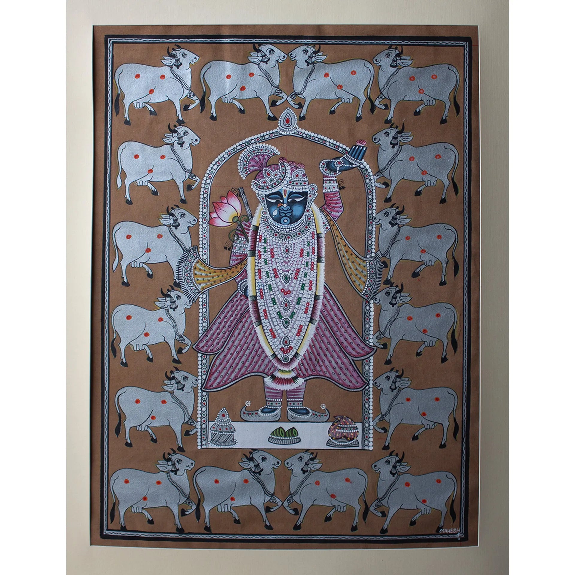 Pichwai Art - Shreenath Ji with Pichwai Cows