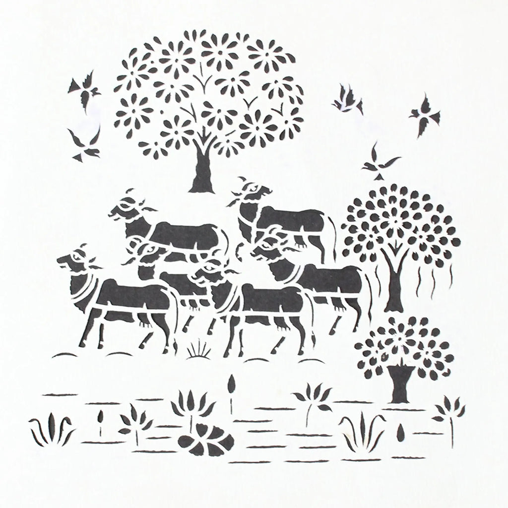 Sanjhi Art - Multiple cows with birds and tree
