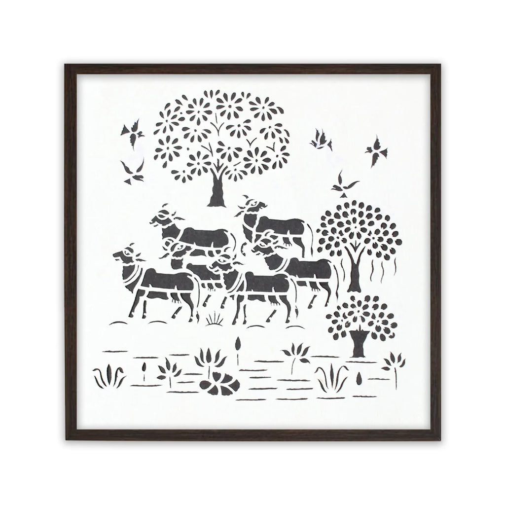 Sanjhi Art - Multiple cows with birds and tree