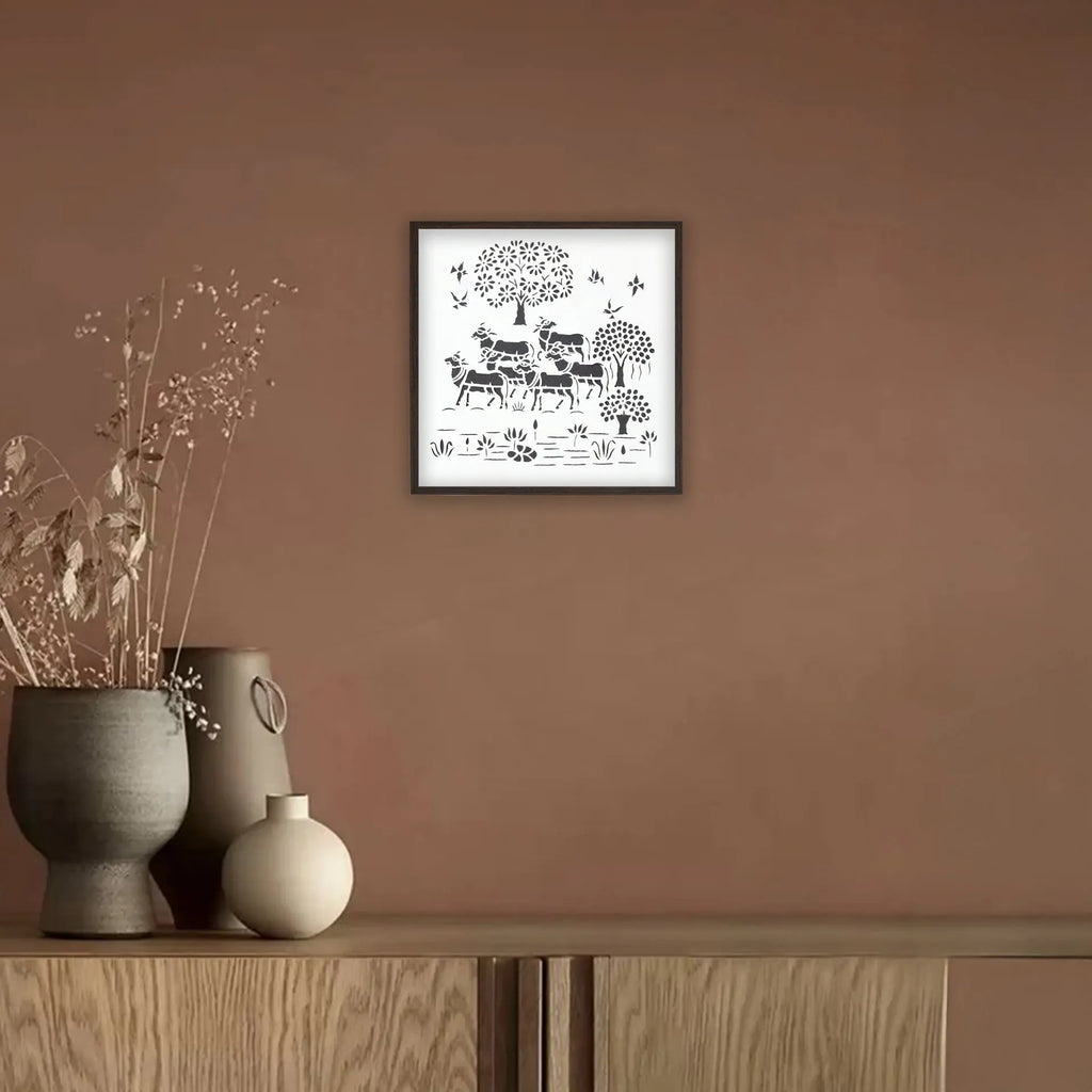 Sanjhi Art - Multiple cows with birds and tree