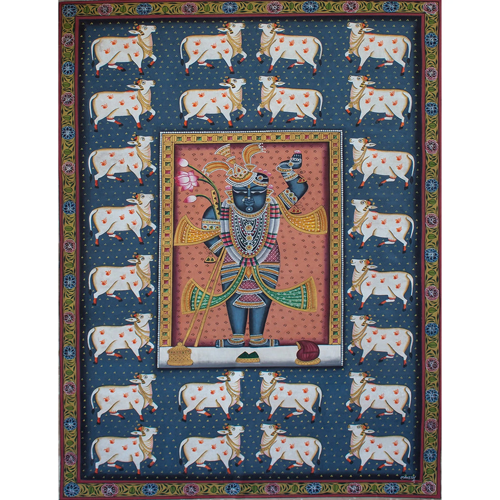 Pichwai Art - Shreenath Ji with cows