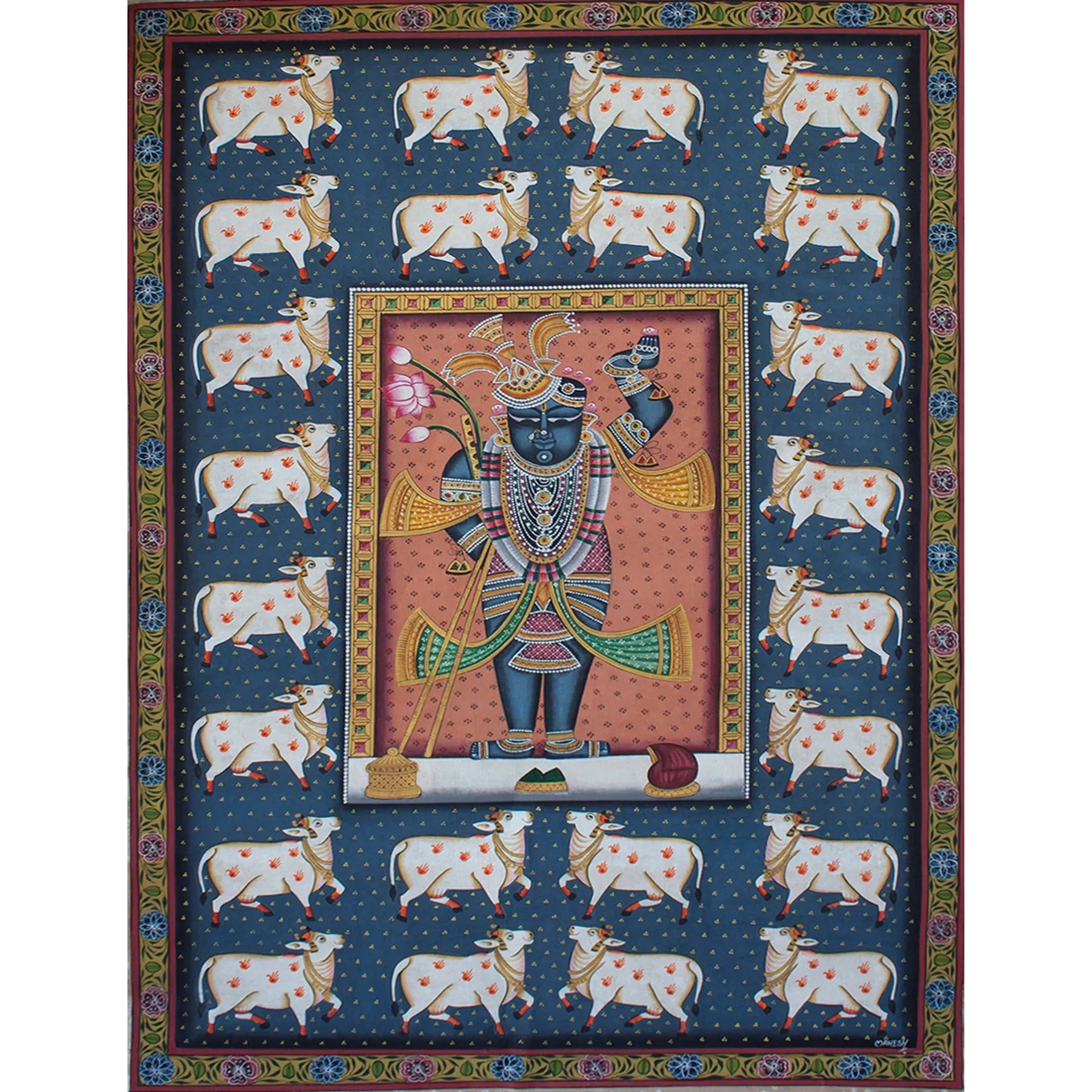Pichwai Art - Shreenath Ji with cows