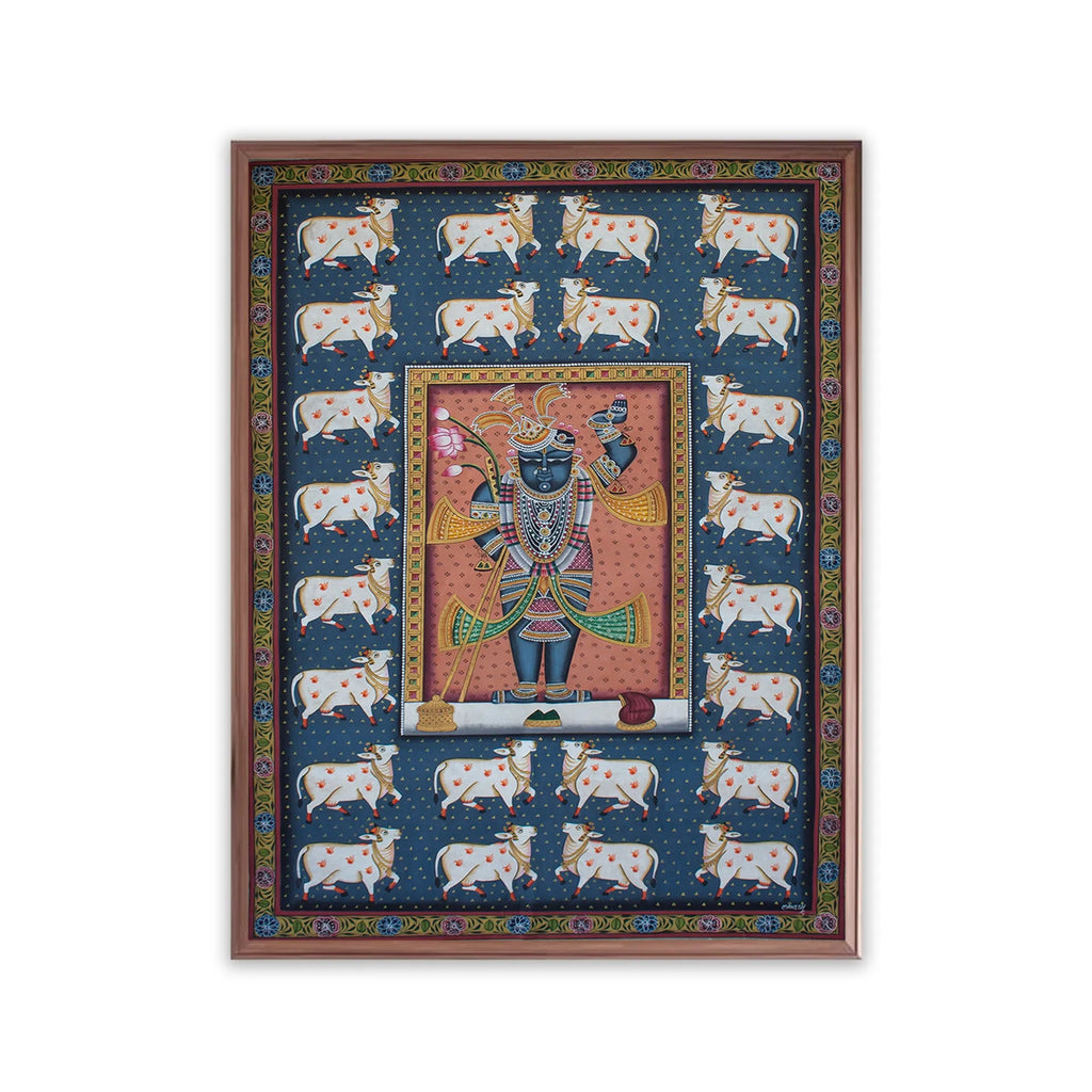 Pichwai Art - Shreenath Ji with cows