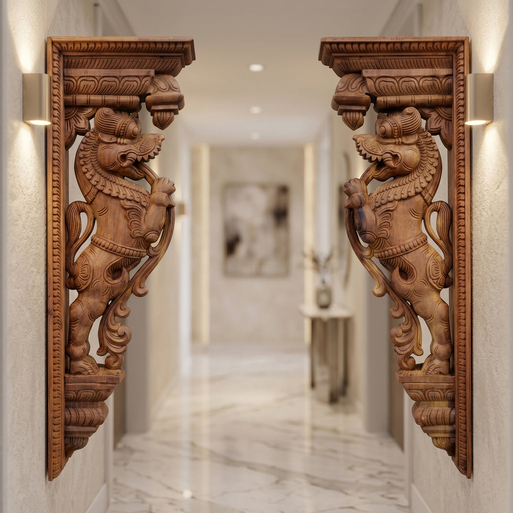 Wood sculpture Madhavamala - Yali Set of Two