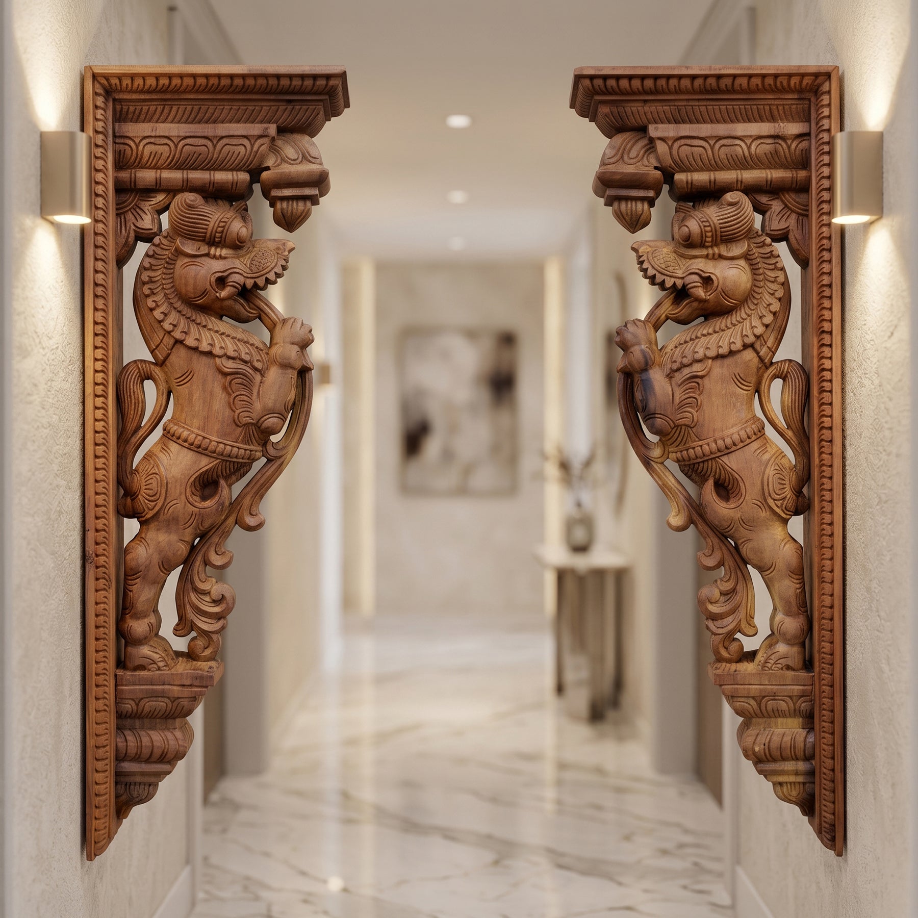 Wood sculpture Madhavamala - Yali Set of Two