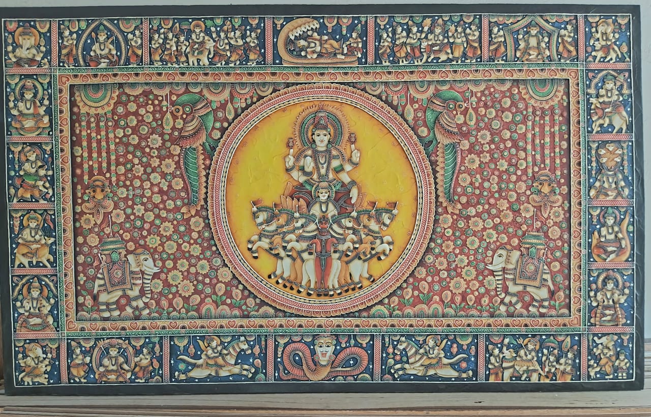 Stone Dust Painting – Surya Dev with Seven-Horse Chariot