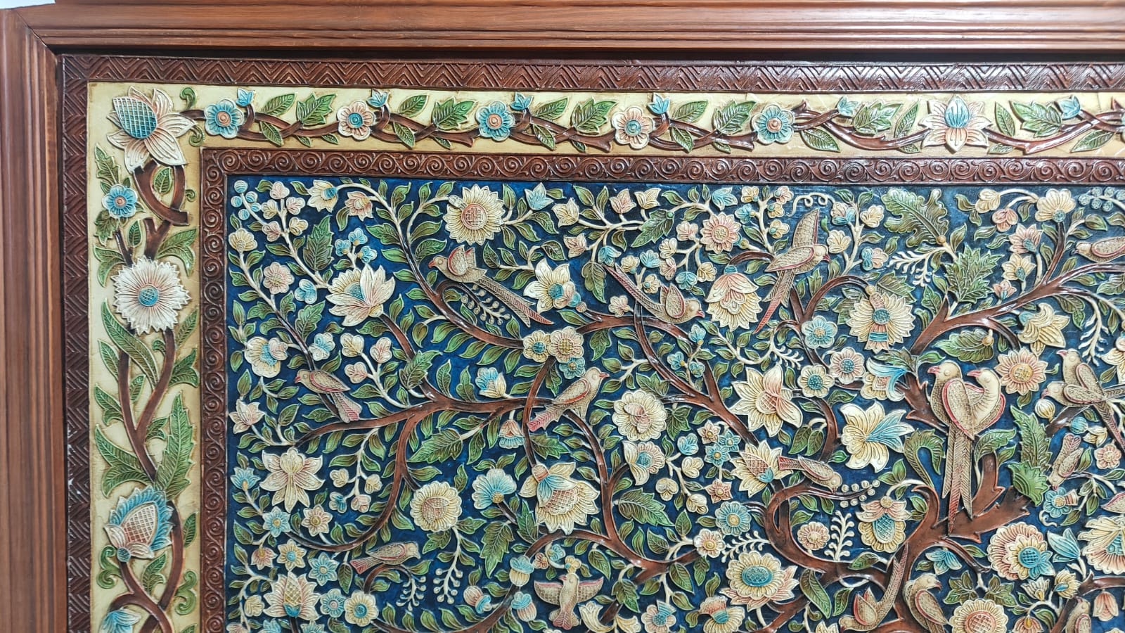 Stone Dust Painting – Floral Tree with Birds and Peacocks
