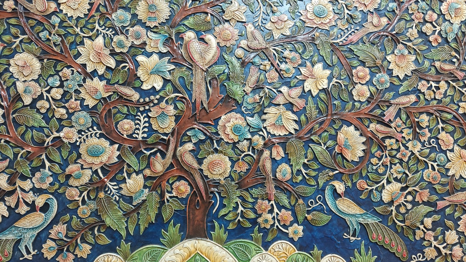 Stone Dust Painting – Floral Tree with Birds and Peacocks