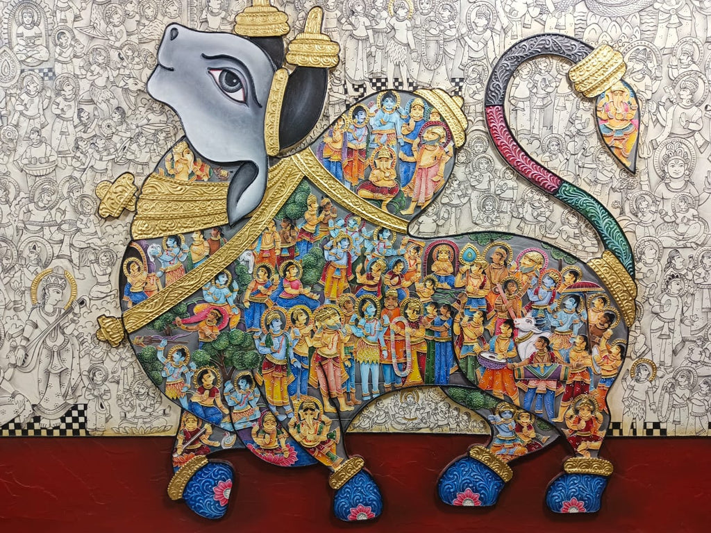 Stone Dust Painting – Sacred Cow with Krishna Leelas