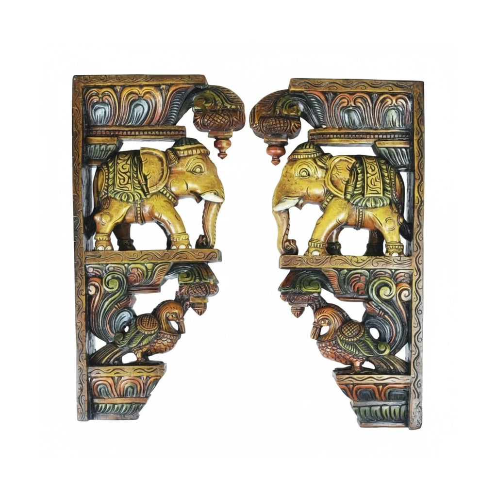 Wood sculpture Madhavamala - Elephant Brackets Set of Two