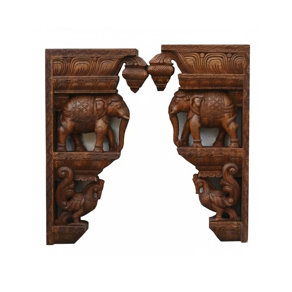 Wood sculpture Madhavamala - Elephant Brackets Set of Two