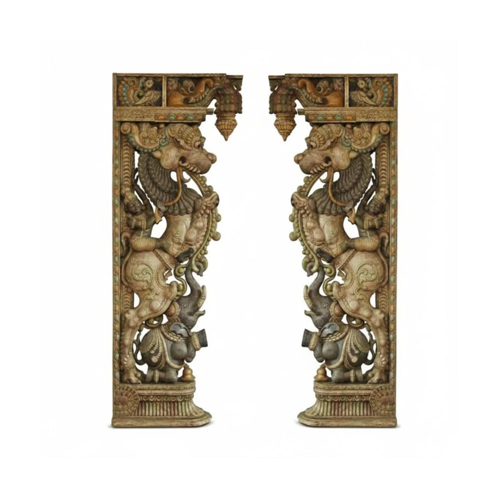 Wood sculpture Madhavamala - Elephant yali man Set of Two