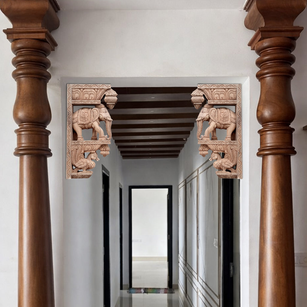 Wood sculpture Madhavamala - Brackets Elephant Set of Two