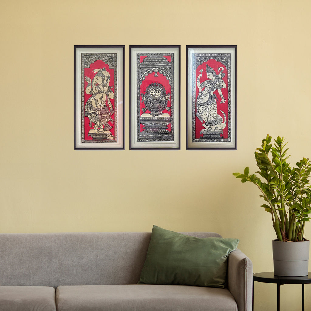 Orissa Pattachitra - Jagannath, Saraswati, Ganesh