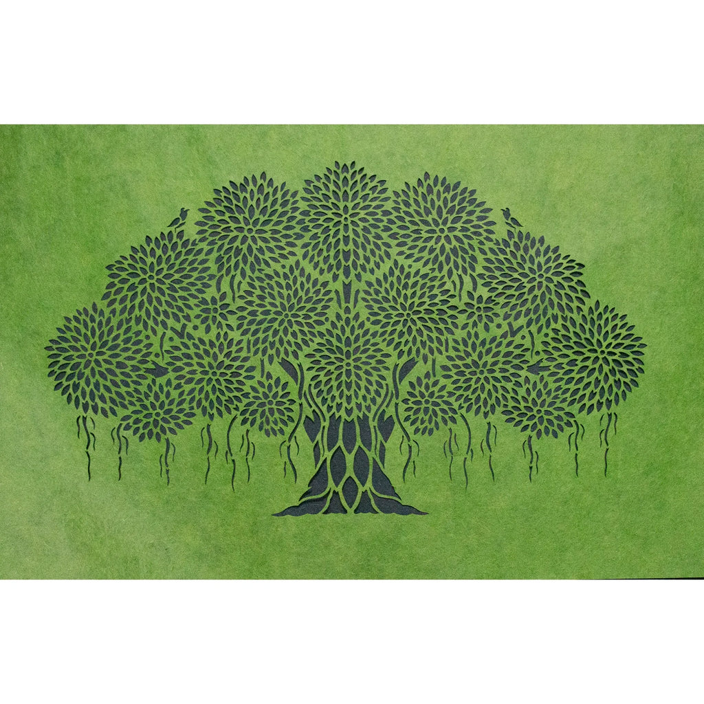 Sanjhi Art - Banyan tree on green base
