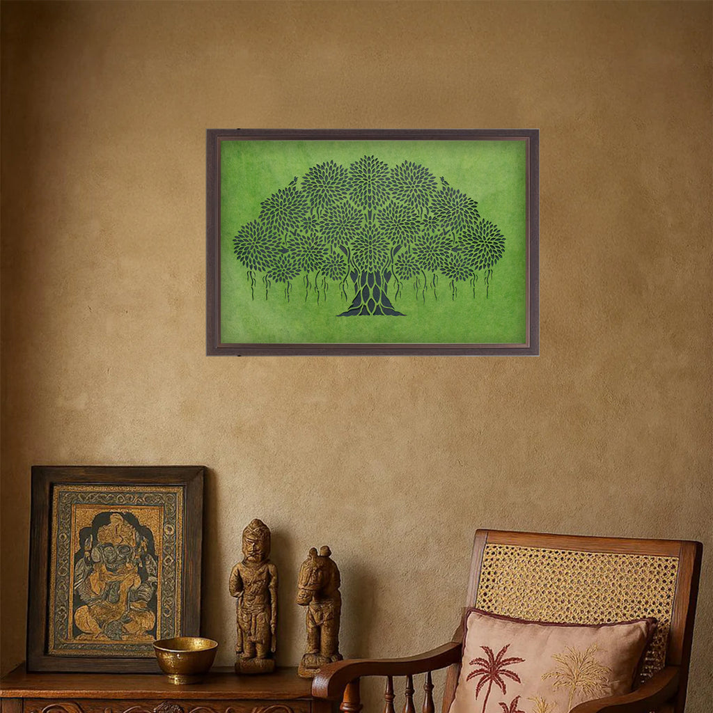 Sanjhi Art - Banyan tree on green base