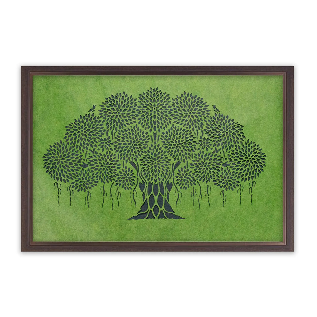 Sanjhi Art - Banyan tree on green base