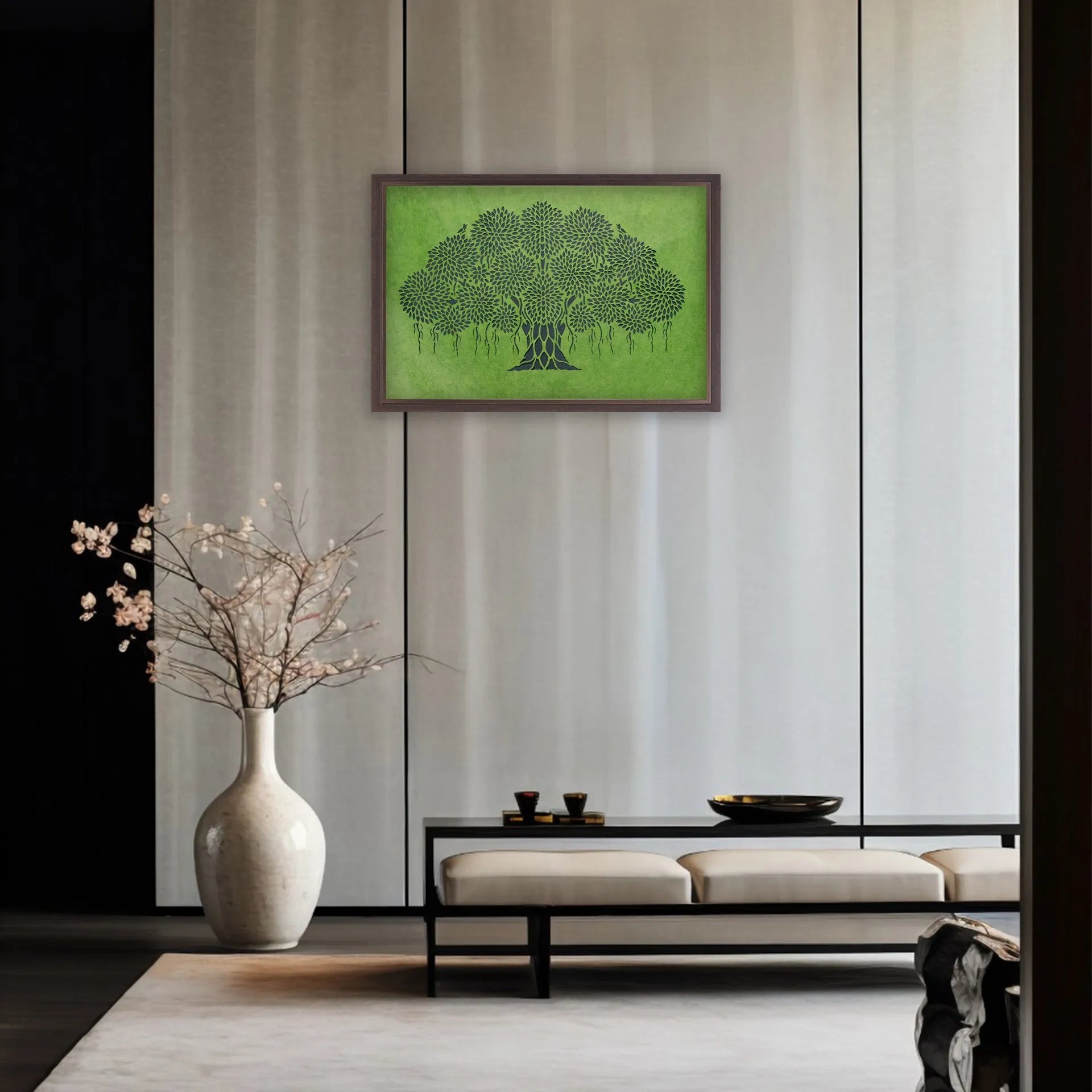 Sanjhi Art - Banyan tree on green base