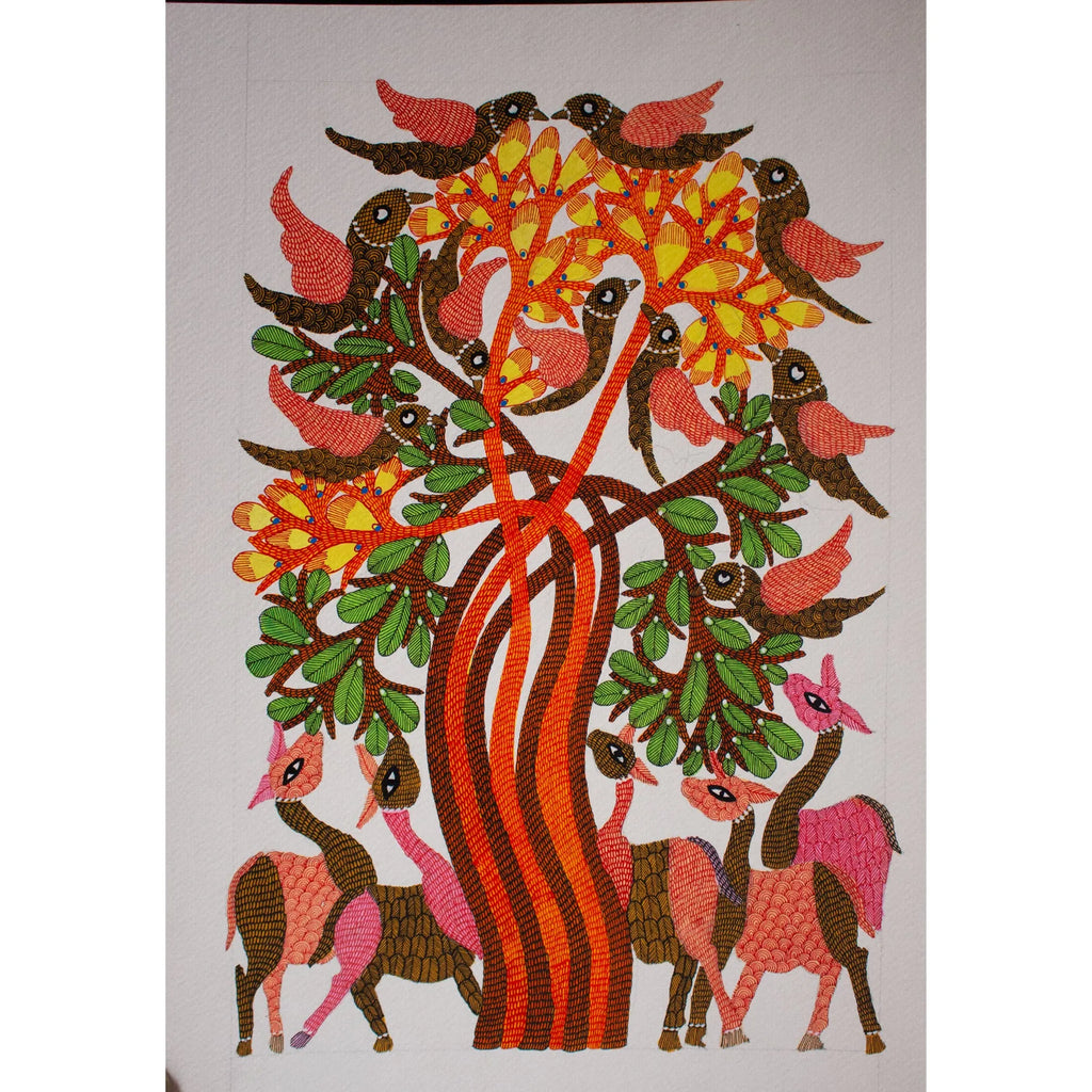 Gond - Bhirping Birds and Deer Under the Tree
