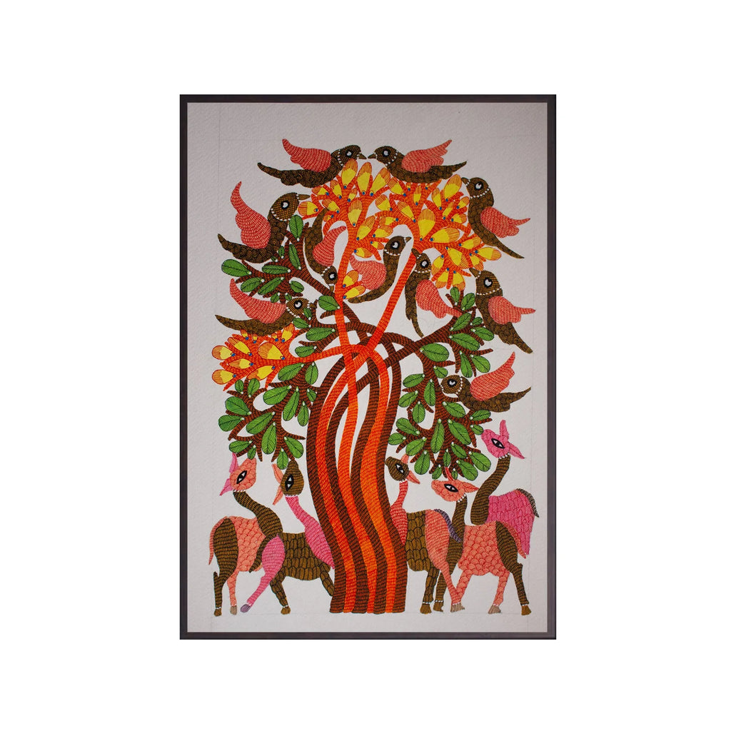 Gond - Bhirping Birds and Deer Under the Tree
