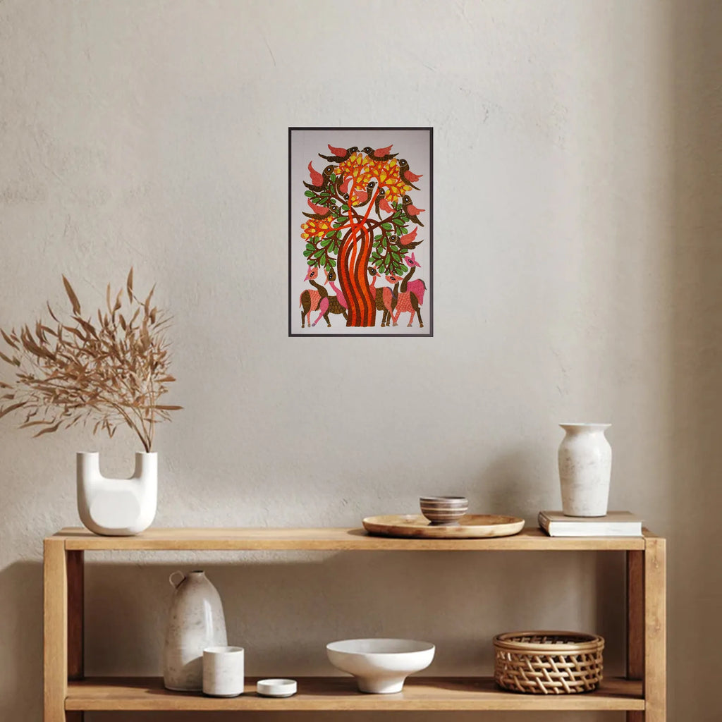 Gond - Bhirping Birds and Deer Under the Tree