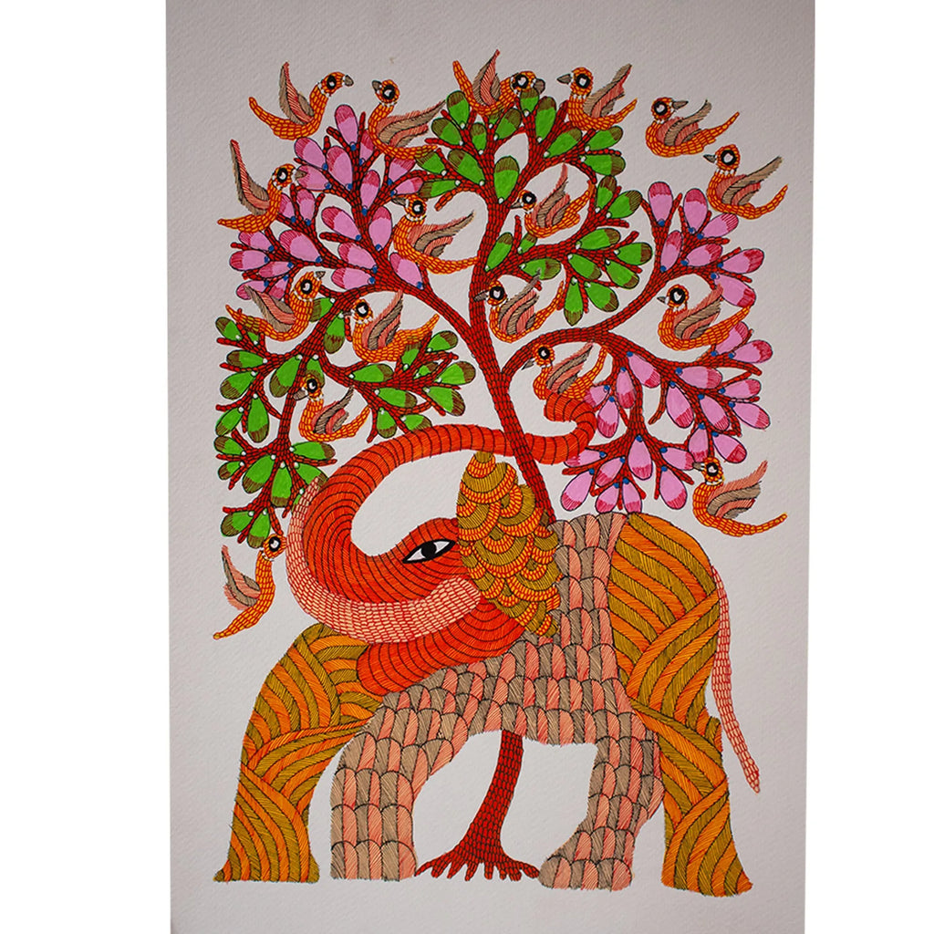 Gond - Bhirping Birds and Elephant Under the Tree