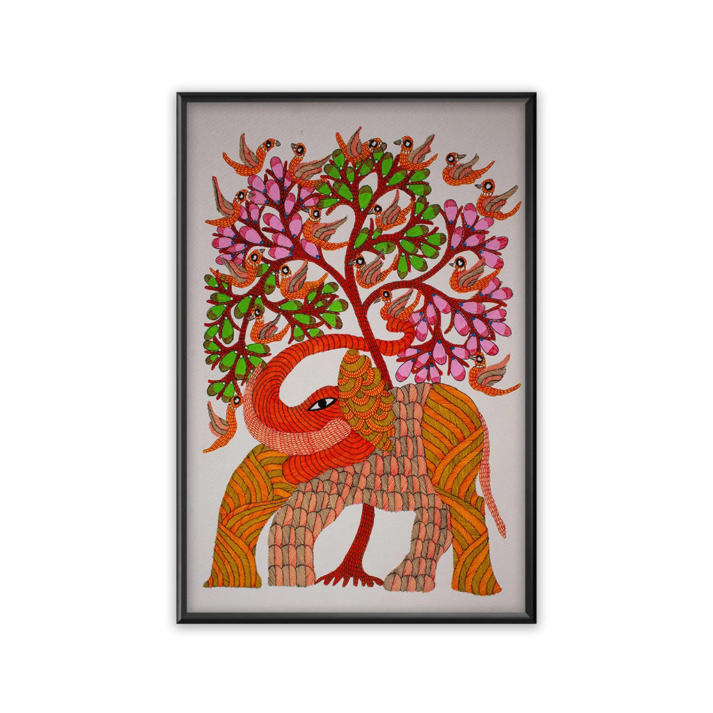 Gond - Bhirping Birds and Elephant Under the Tree