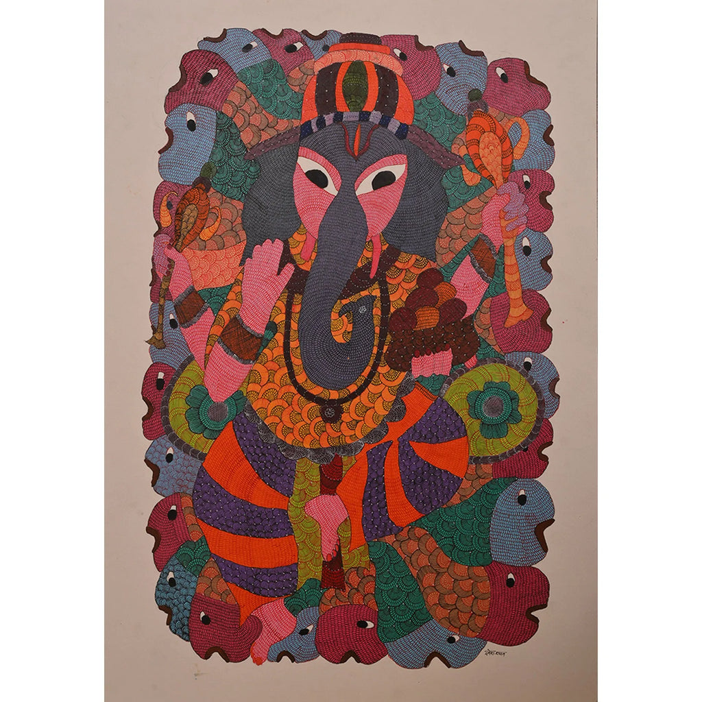 Gond - Ganesha surrounded by fish