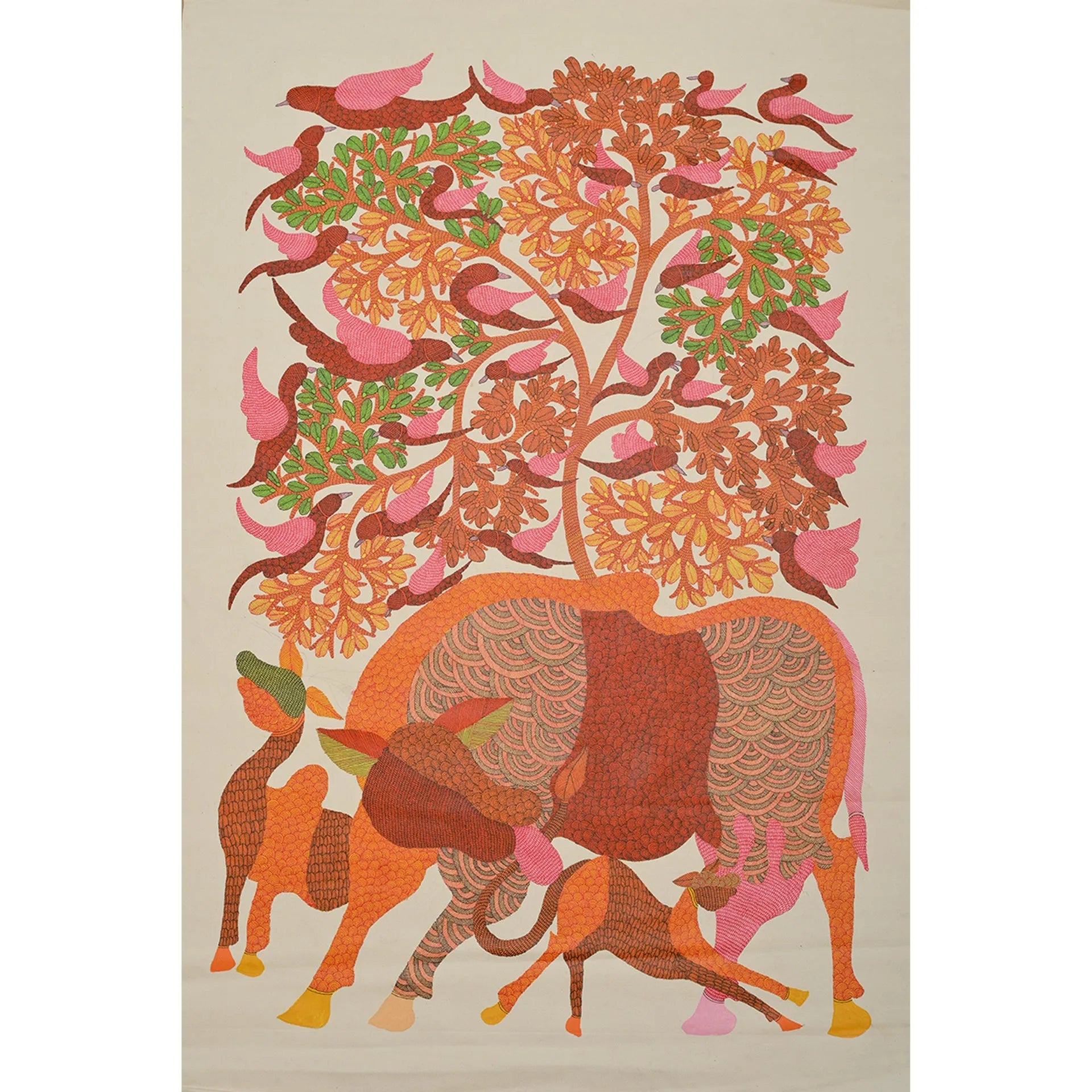 Gond - Cow and Cub Under Tree of Life