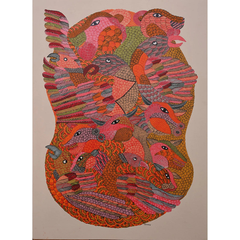 Gond - Jungle Animals in a Bird Packed Together Like in Jungle