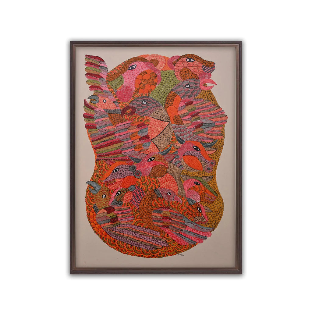Gond - Jungle Animals in a Bird Packed Together Like in Jungle