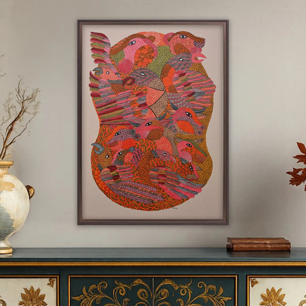 Gond - Jungle Animals in a Bird Packed Together Like in Jungle
