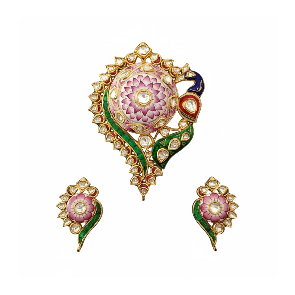 Gulabi Meenakari - Ear Ring And Pendant Set