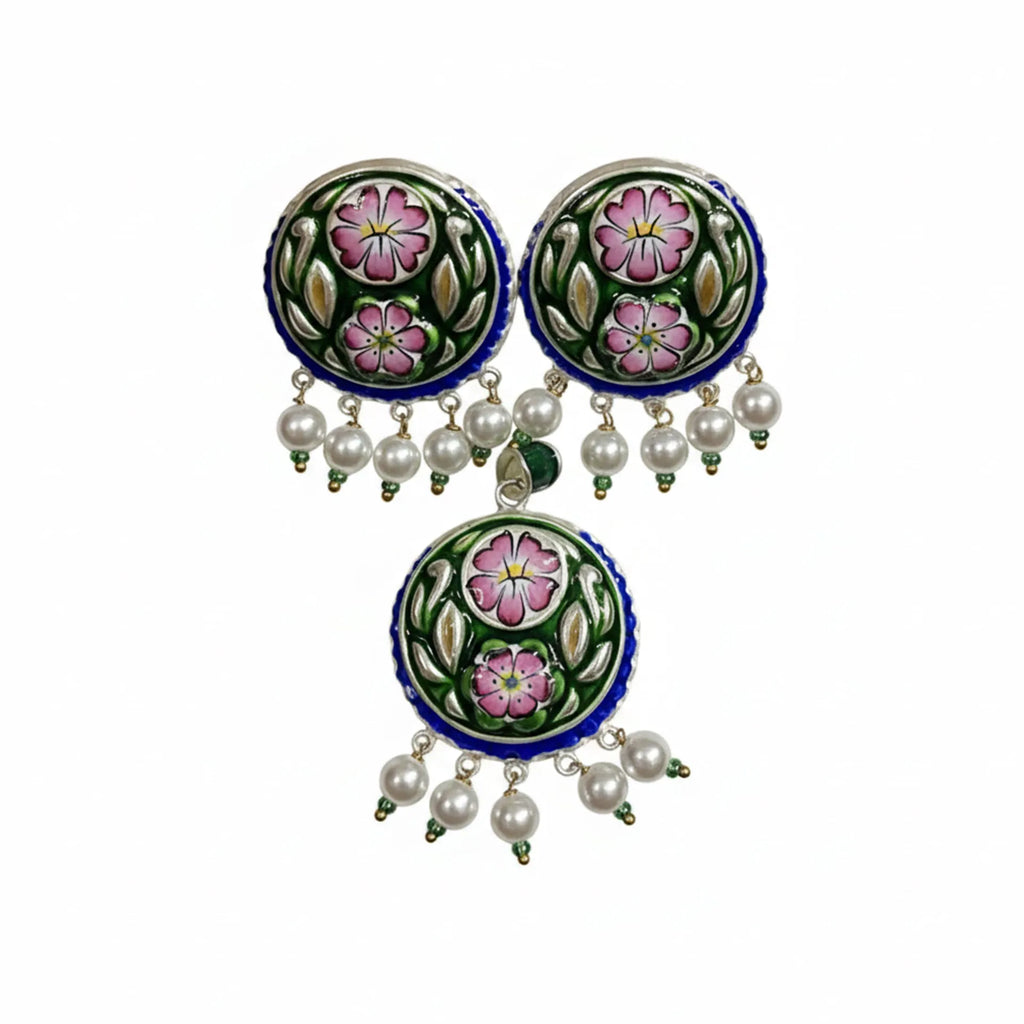 Gulabi Meenakari - Ear Ring And Pendant Set