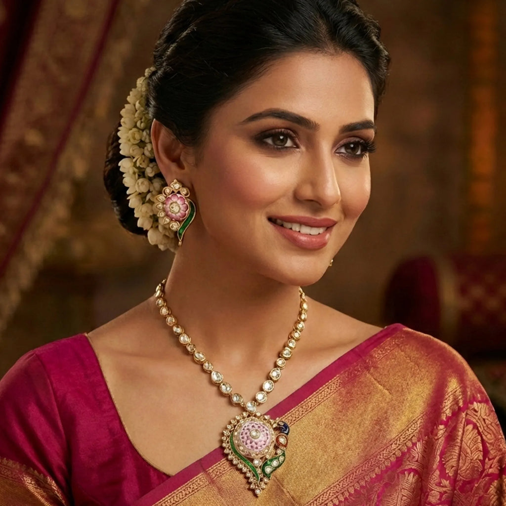 Gulabi Meenakari - Ear Ring And Pendant Set