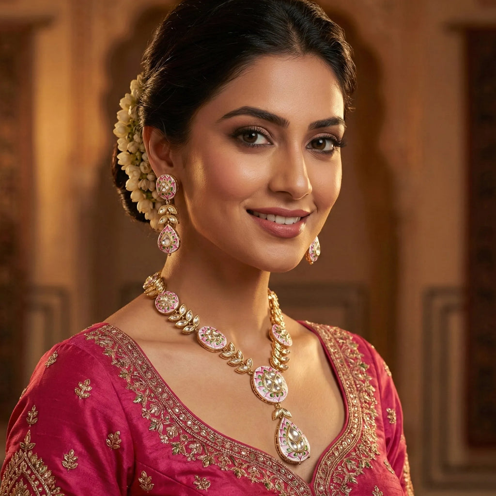 Gulabi Meenakari - Necklace And Ear Ring Set