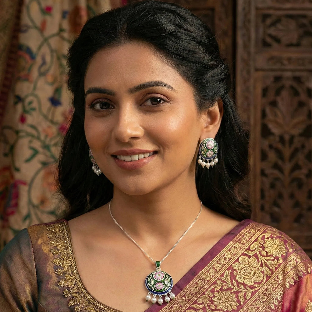 Gulabi Meenakari - Ear Ring And Pendant Set