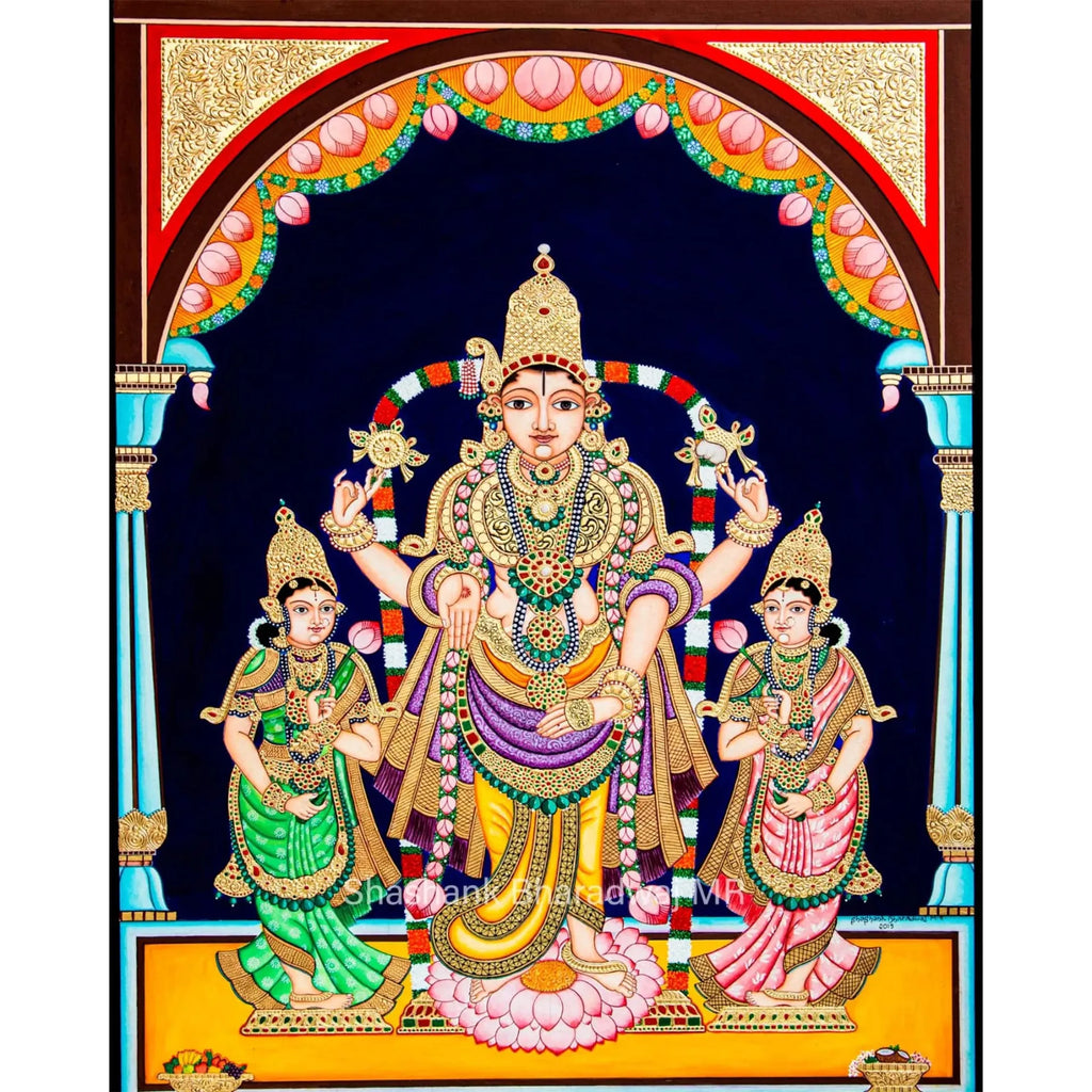 Mysore Painting - Srinivasa along with Sridevi and Bhudevi