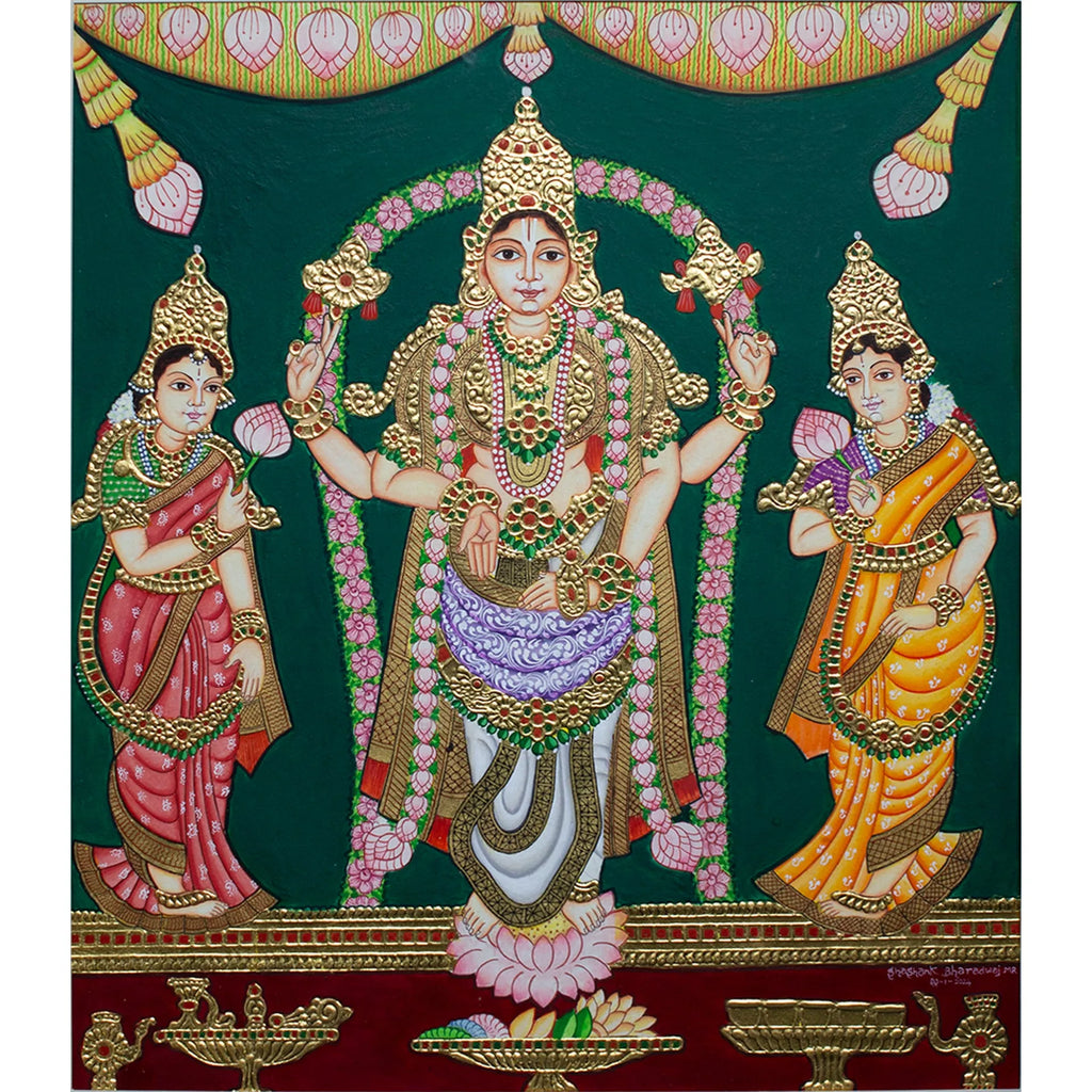 Mysore Painting - Srinivasa along with Sridevi and Bhudevi