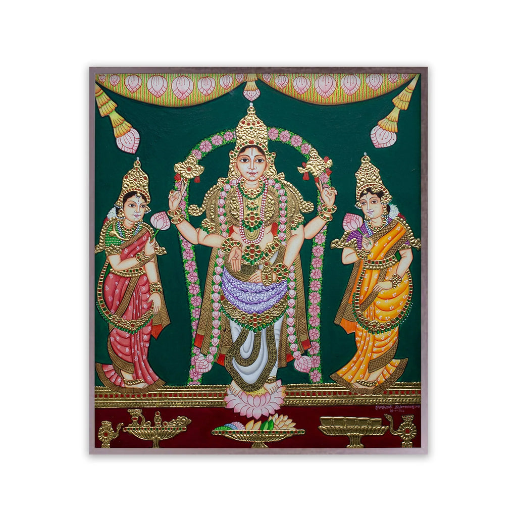 Mysore Painting - Srinivasa along with Sridevi and Bhudevi