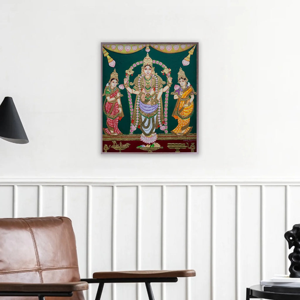 Mysore Painting - Srinivasa along with Sridevi and Bhudevi