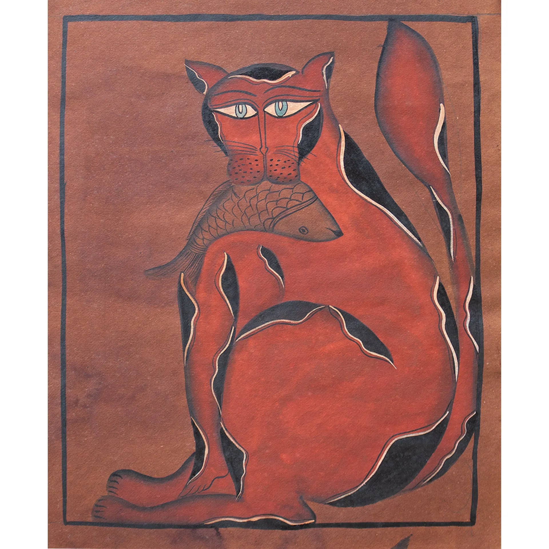 Bengal Pattachitra - Cat with fish