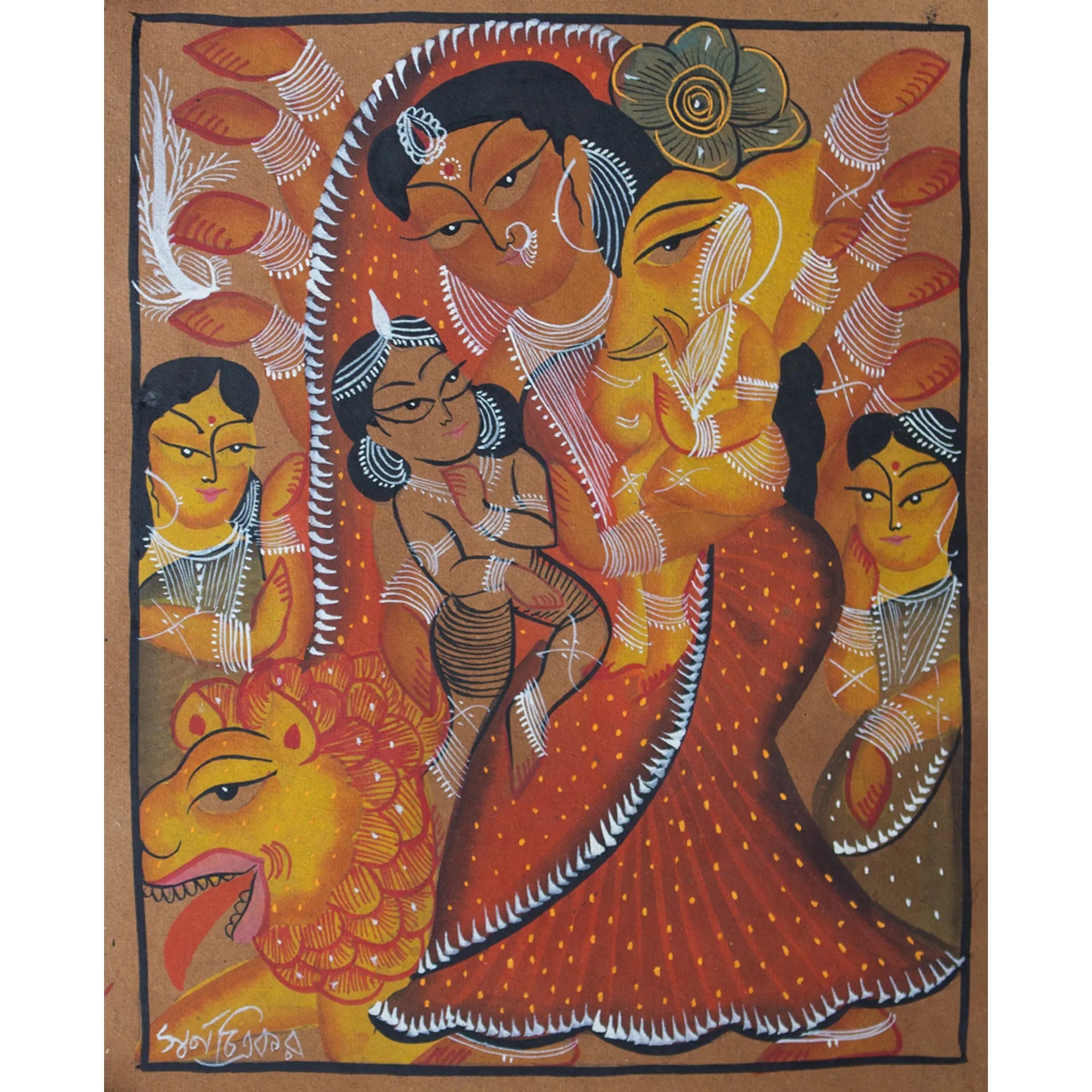 Bengal Pattachitra - Durga with ganesh kartik, laxmi saraswati