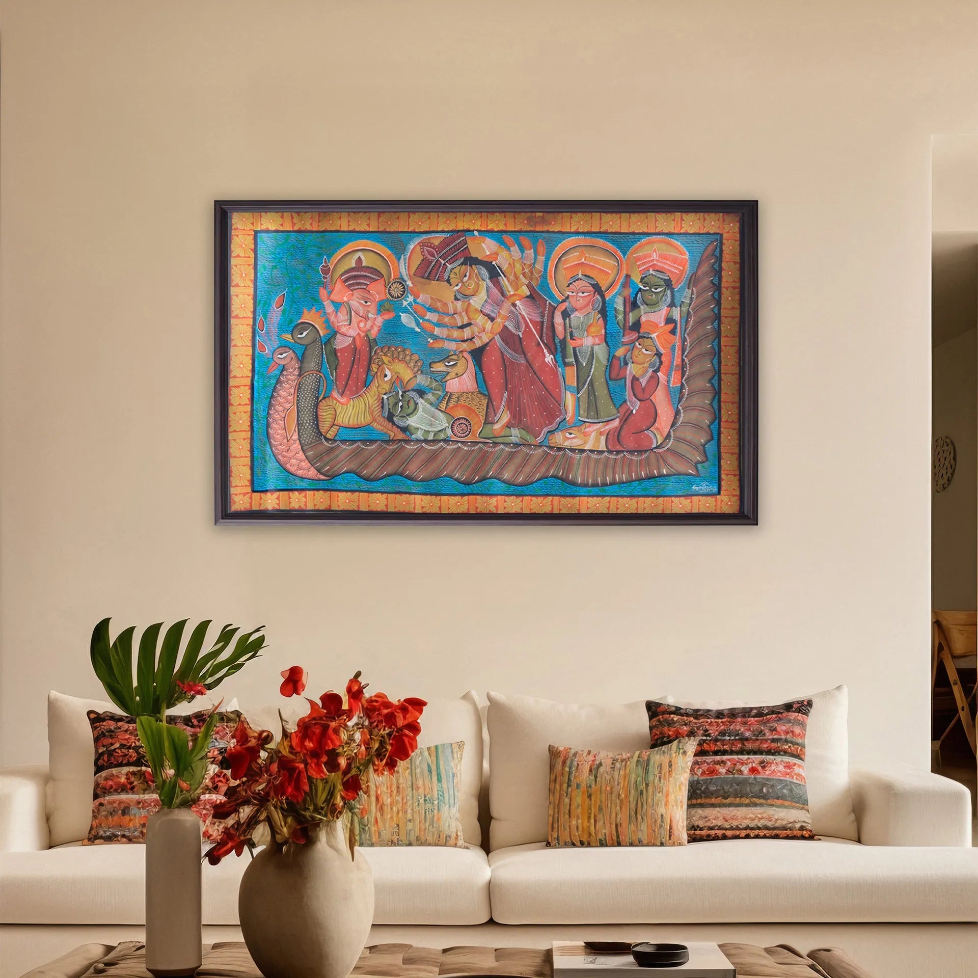 Bengal Pattachitra - Durga Maa riding the boat to his father's house