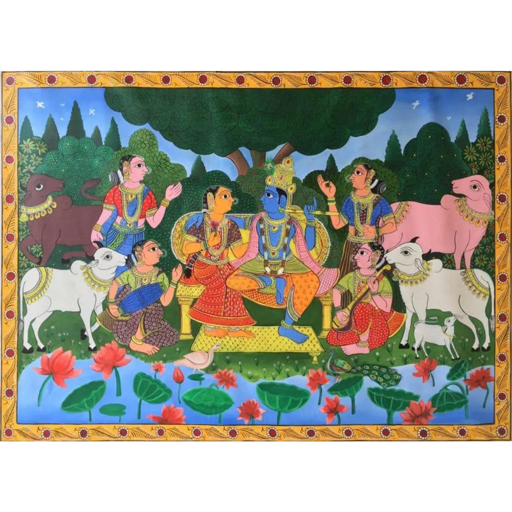 Cherial Painting - Radha Krishna with Gopikas