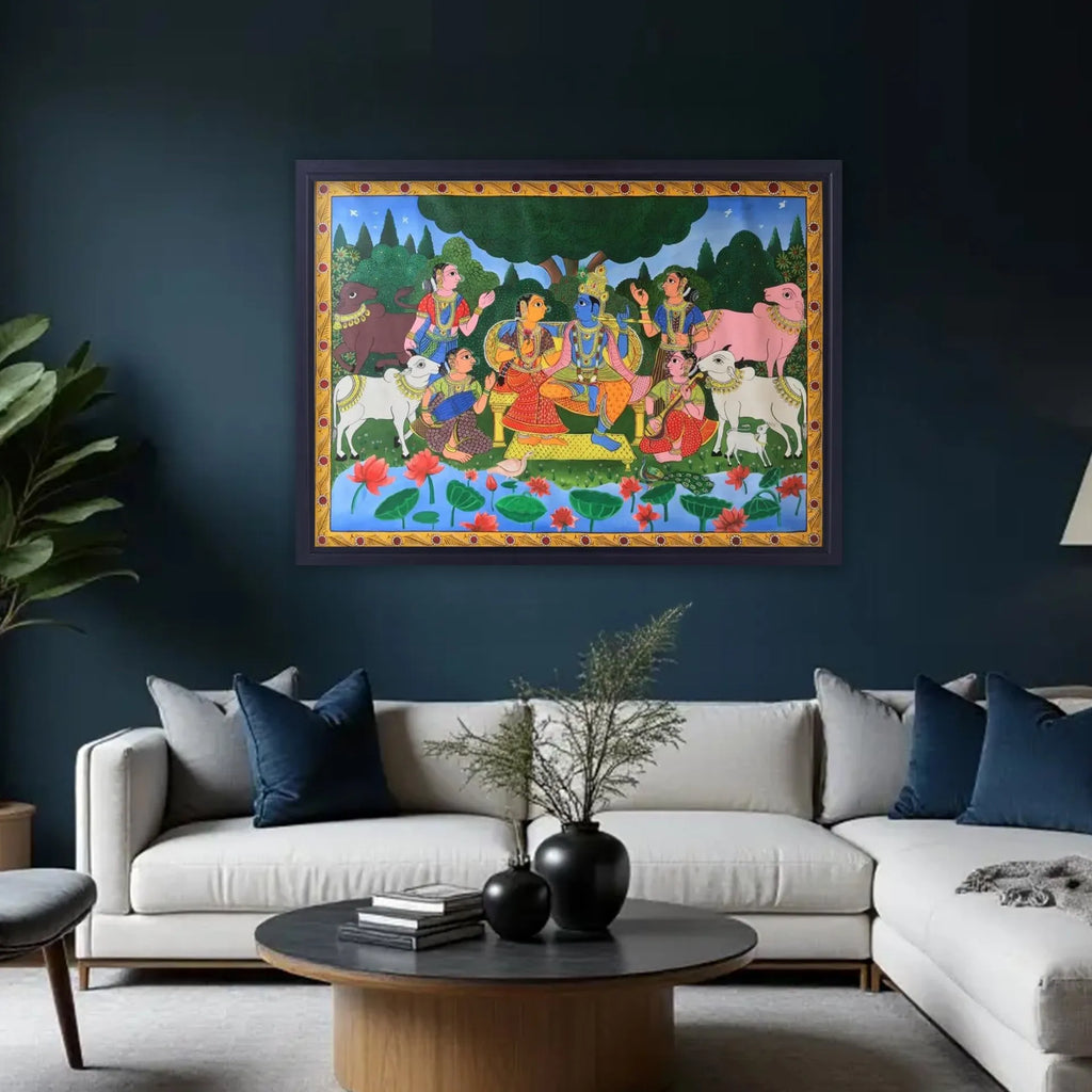 Cherial Painting - Radha Krishna with Gopikas