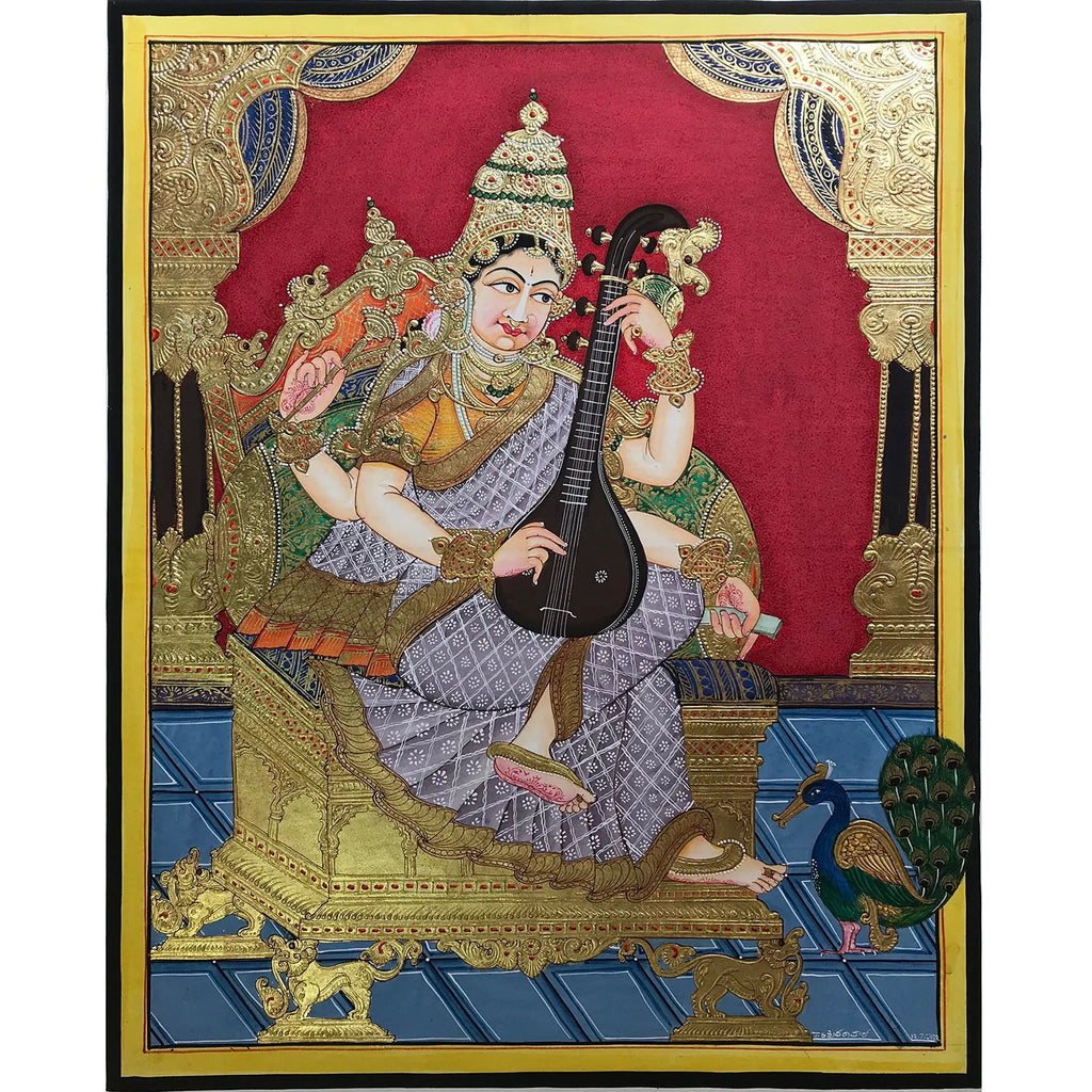 Mysore Painting - Maa Saraswati on Mysore Singhasan on Dussarah