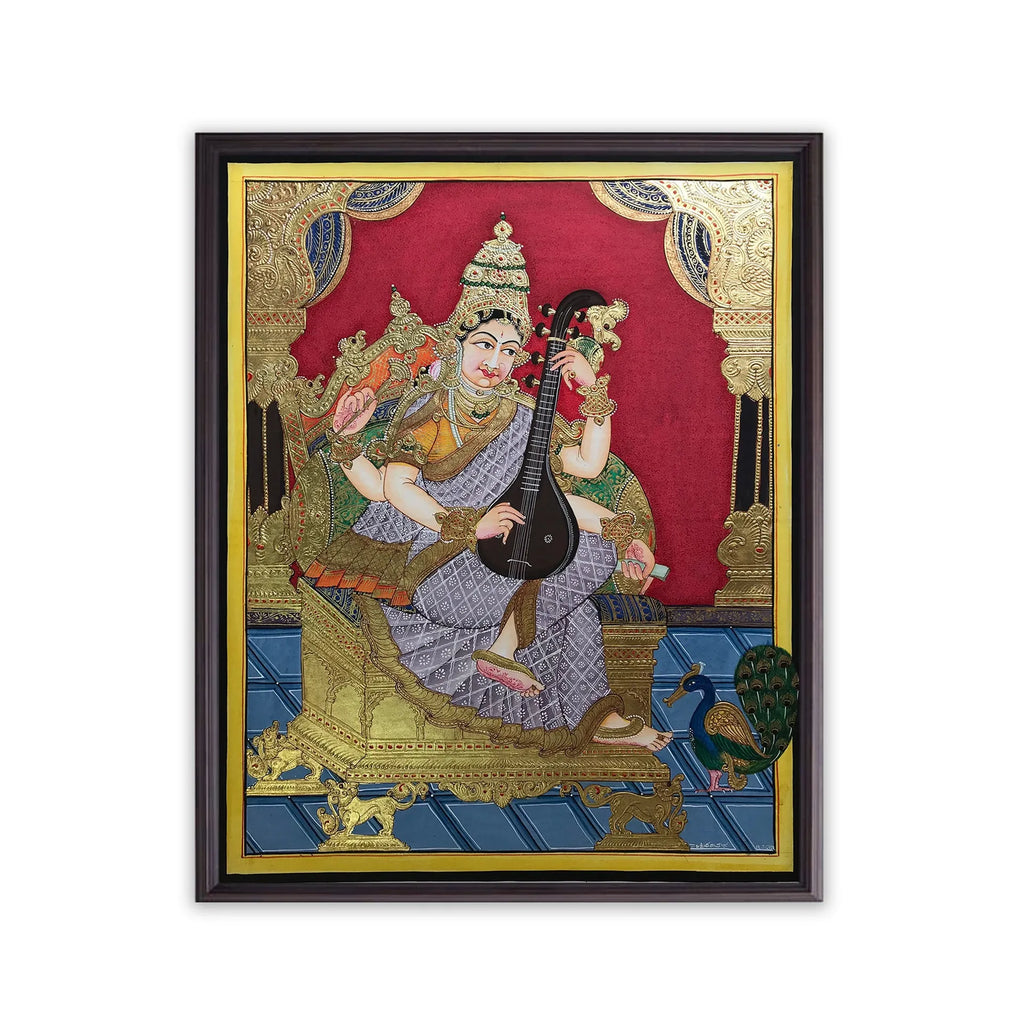 Mysore Painting - Maa Saraswati on Mysore Singhasan on Dussarah