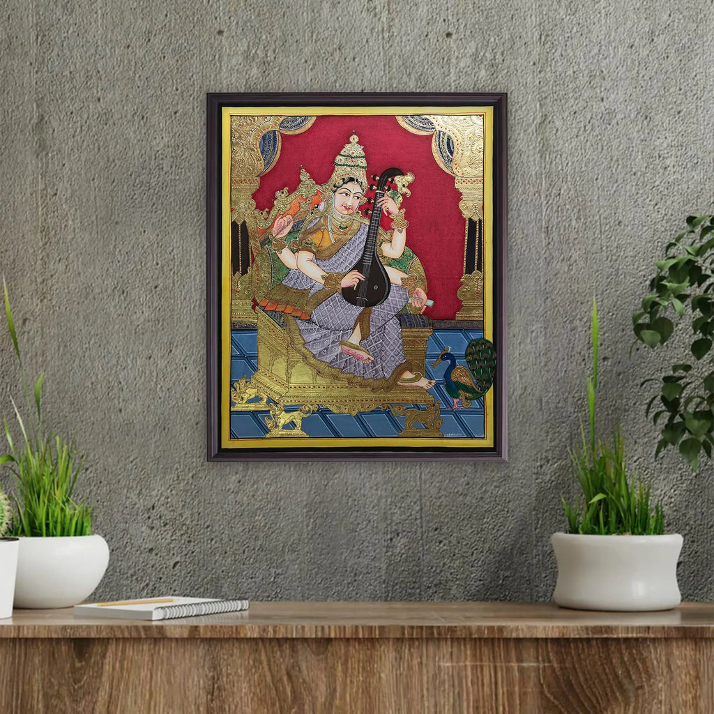 Mysore Painting - Maa Saraswati on Mysore Singhasan on Dussarah